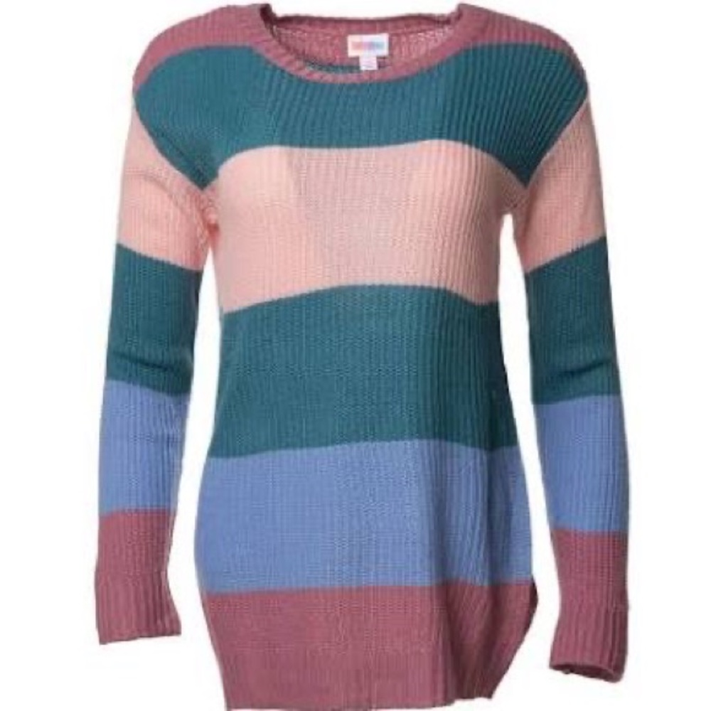 LulaRoe Mariah Knit Sweater. Stripes. Blue. Teal. Pink. Mauve.